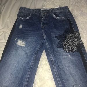 Zara embroidery straight leg beaded cropped jeans